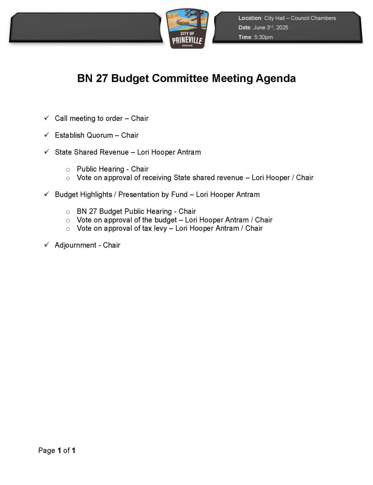 Budget Committee Meeting Agenda