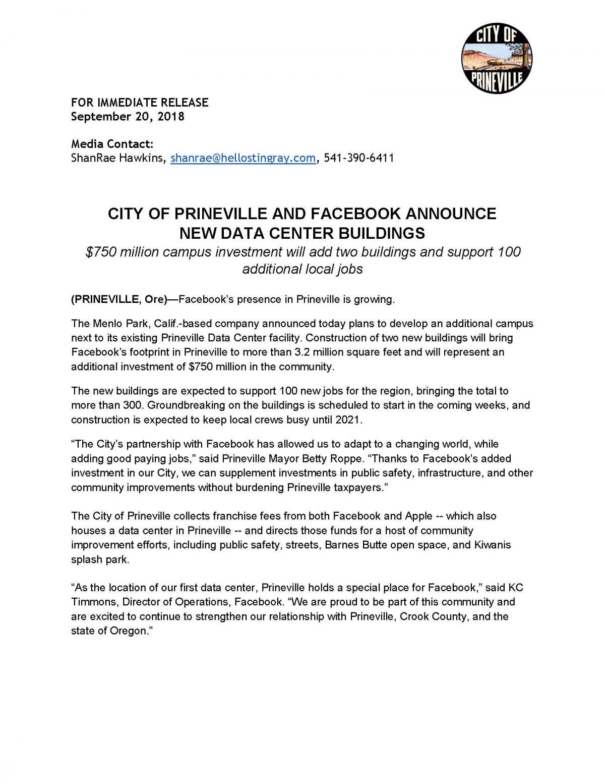 City of Prineville and Facebook Announce Additional Investment of $750 Million in Community
