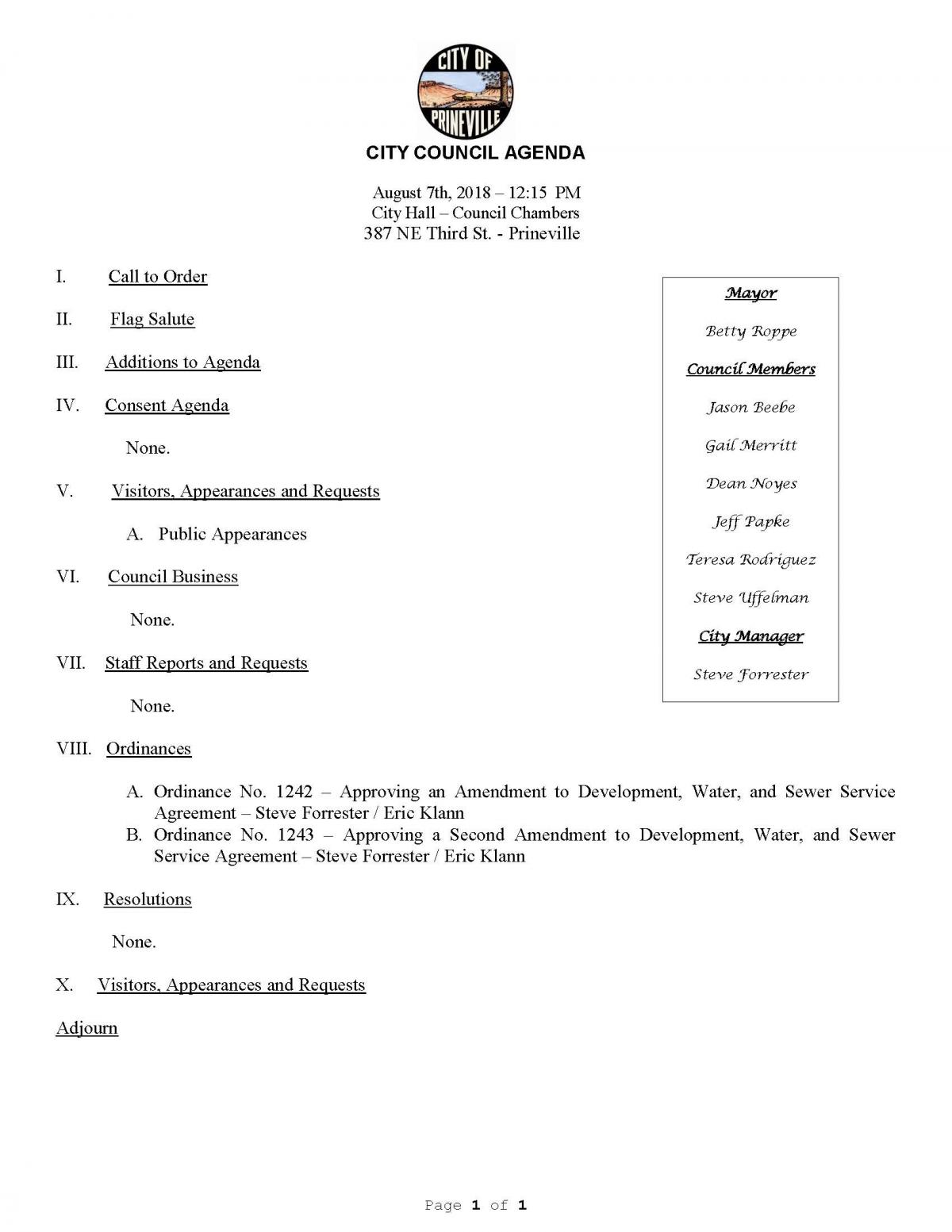 Special Council Agenda 8-7-18