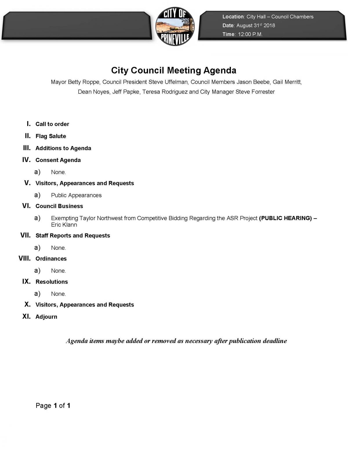 Special Council Meeting Agenda 8-31-18