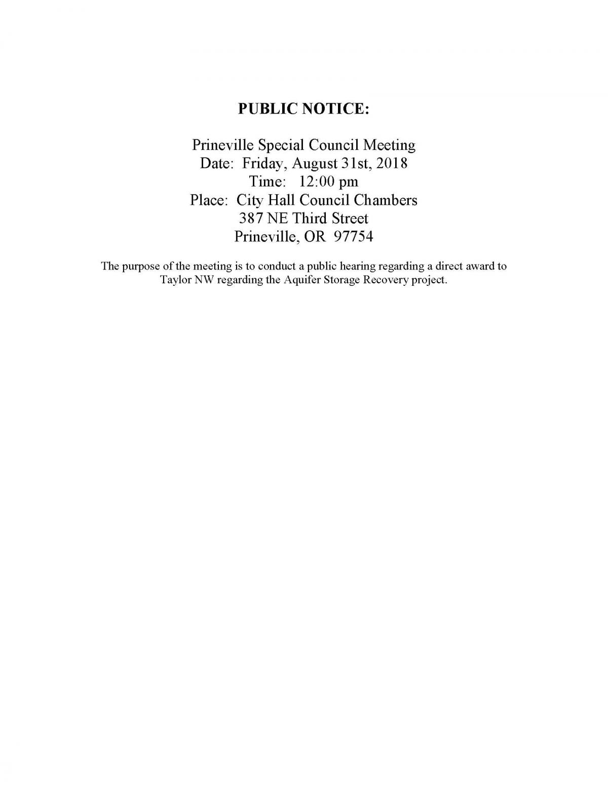 Public Notice 8-31-18 Special Council Meeting