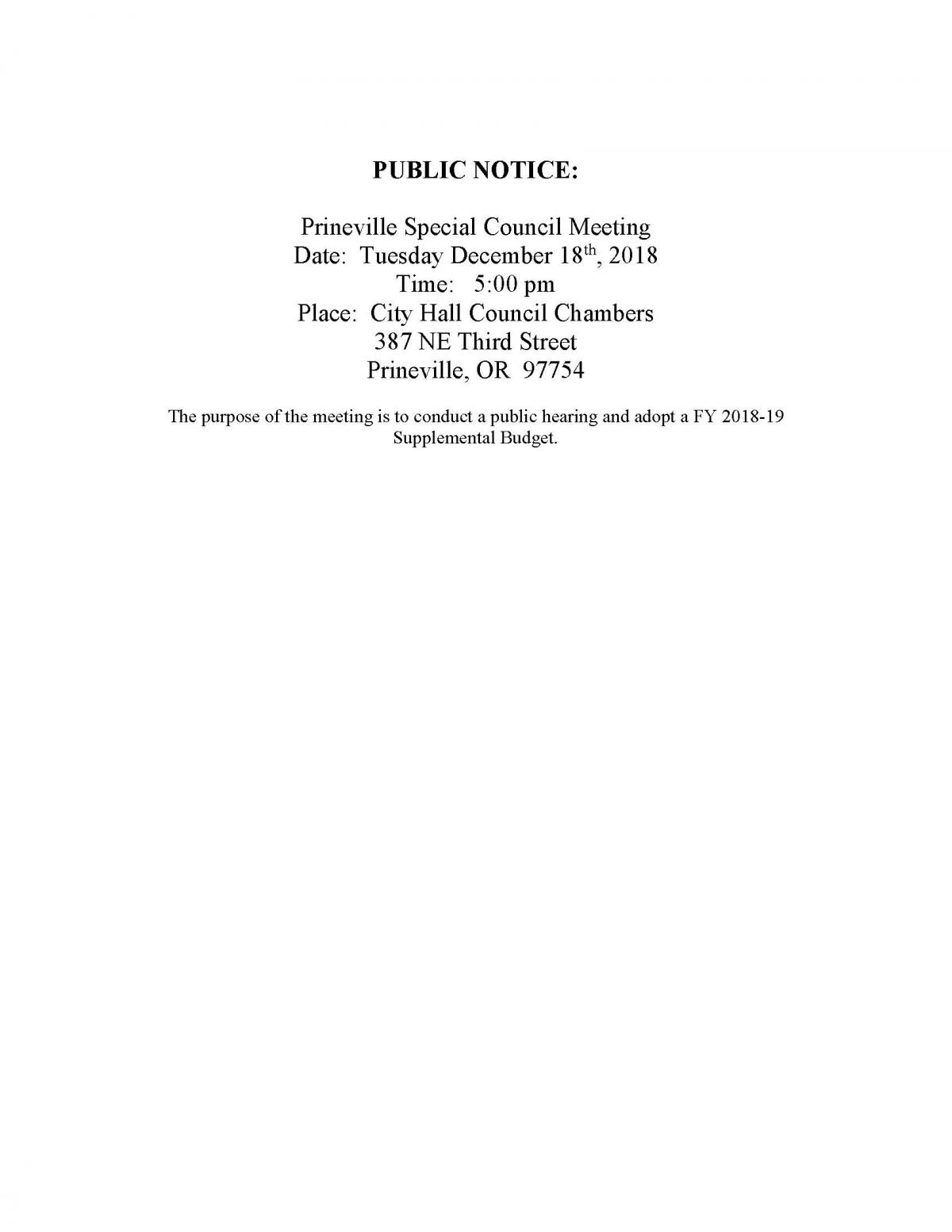 Public Notice - Council Special Meeting 12-18-18