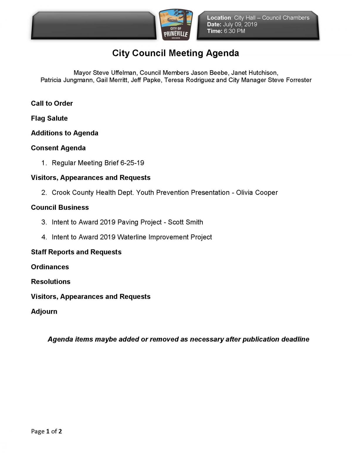 Council Agenda 7-9-19