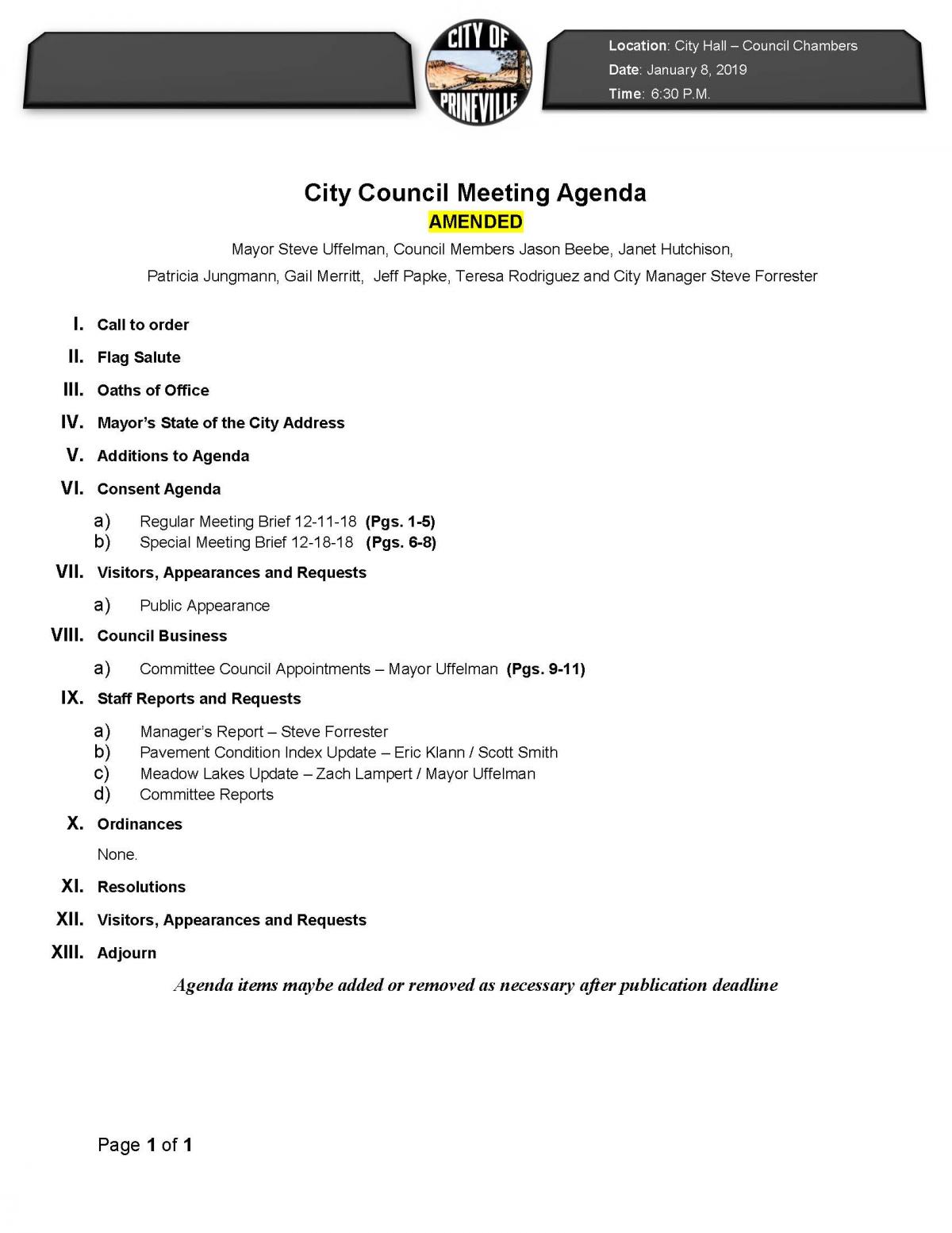 Council Agenda - Amended