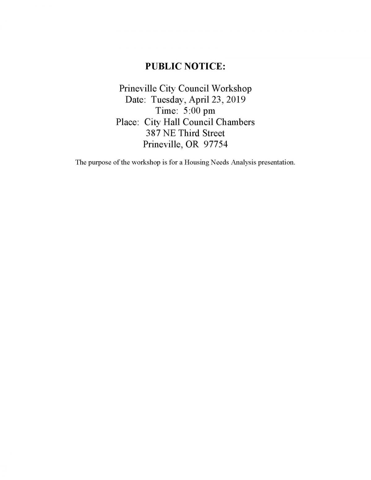 Public Notice - Council Workshop 4-23-19