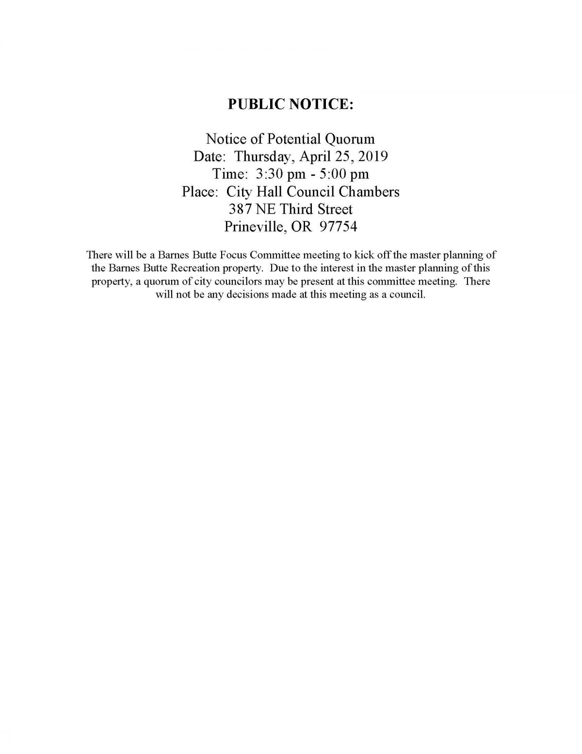 Public Notice - Notice of Potential Quorum