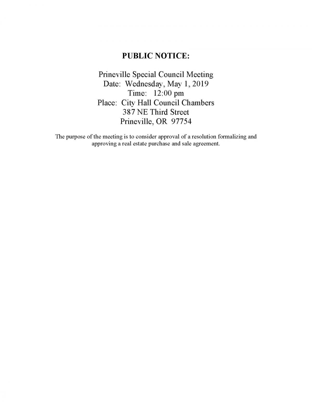 Public Notice - Special Council Meeting 5-1-19