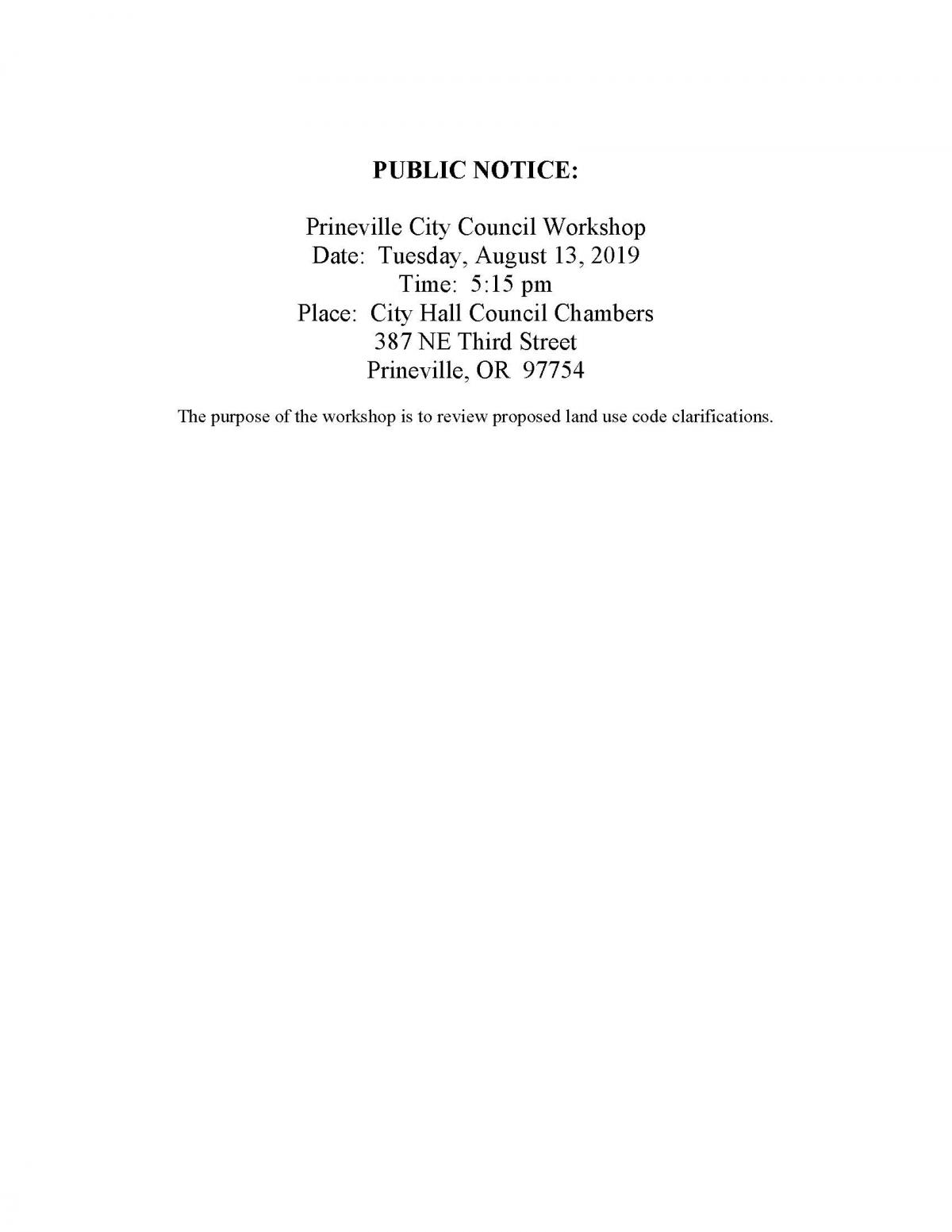 Public Notice - Council Workshop 8-13-19