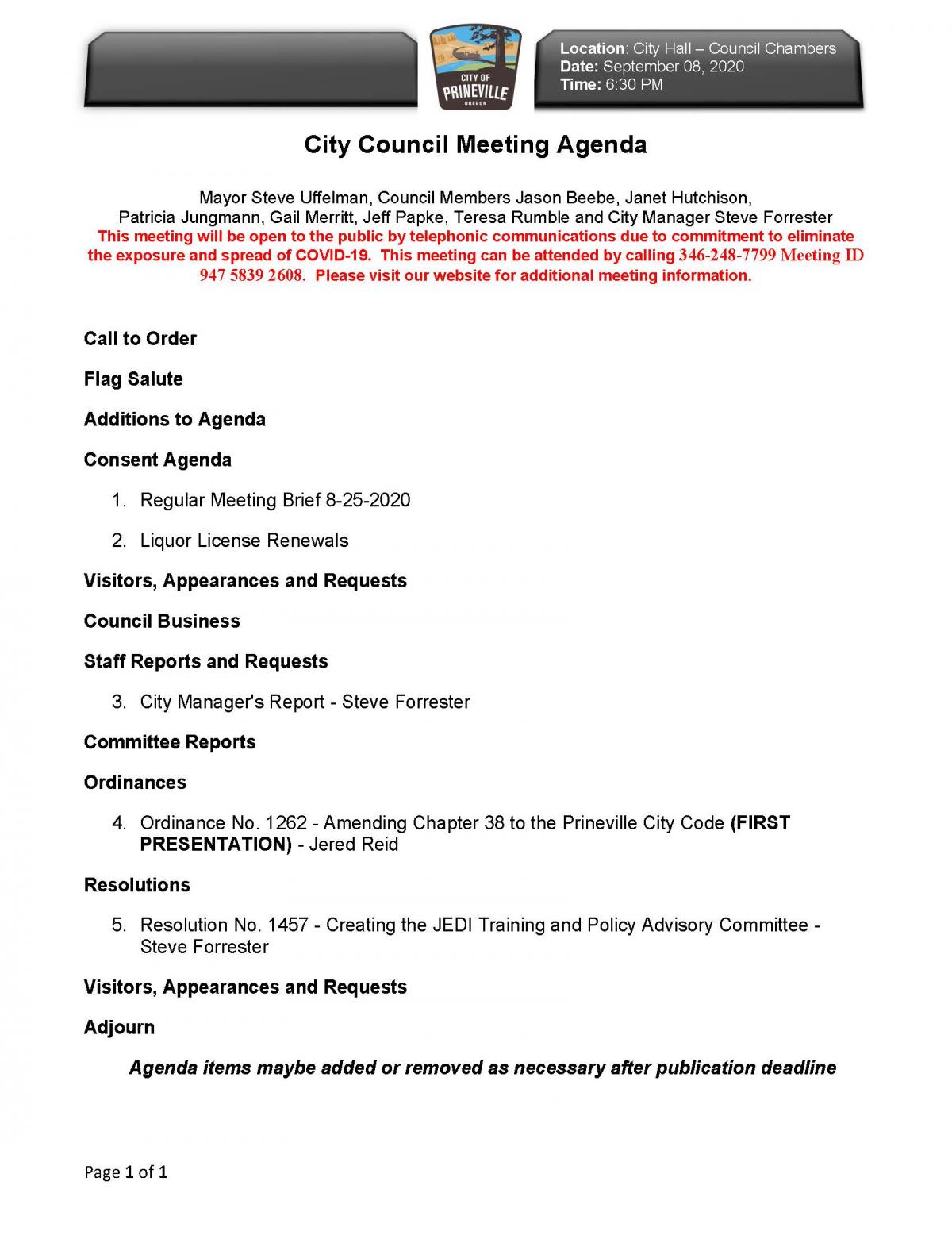 Council Agenda 9-8-2020
