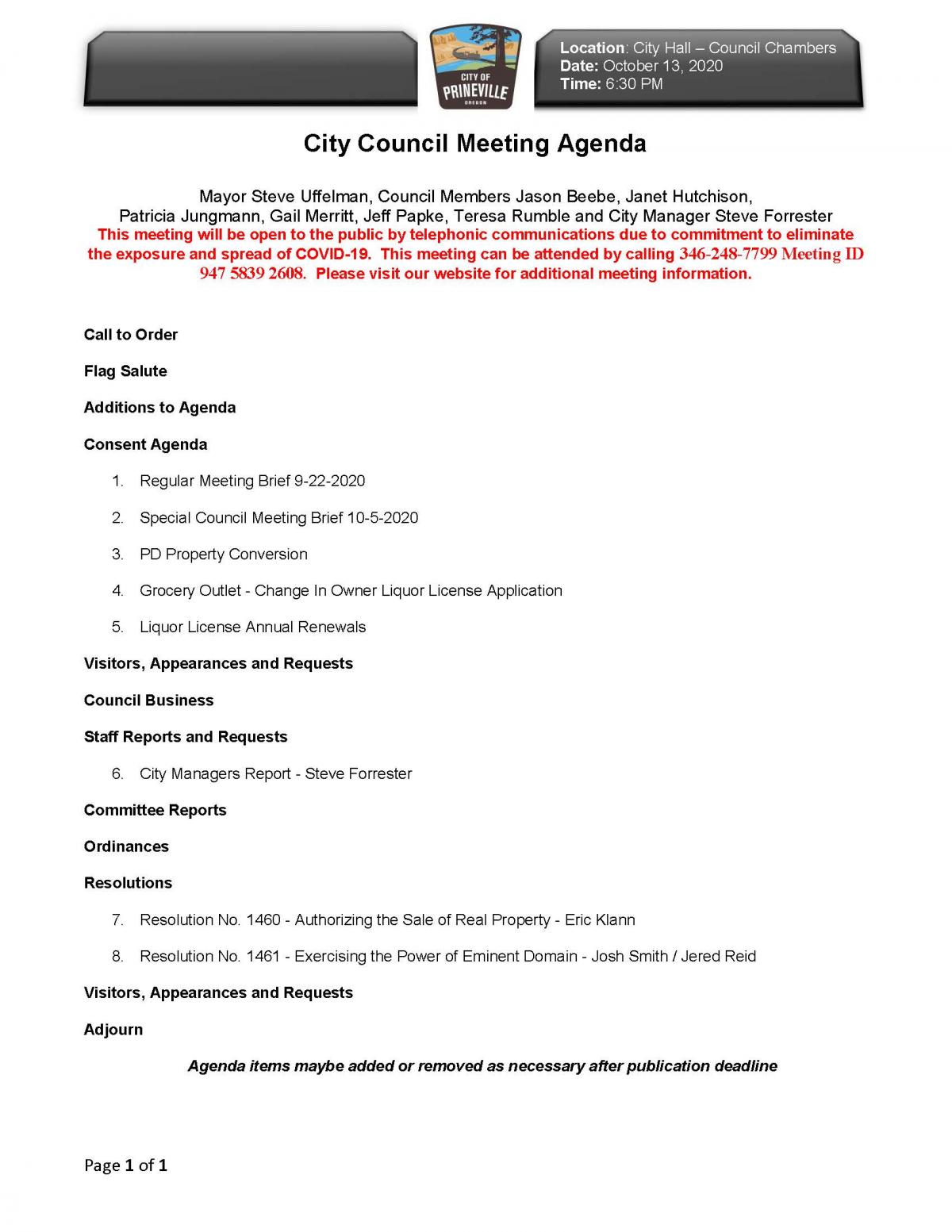 Council Agenda 10-13-2020