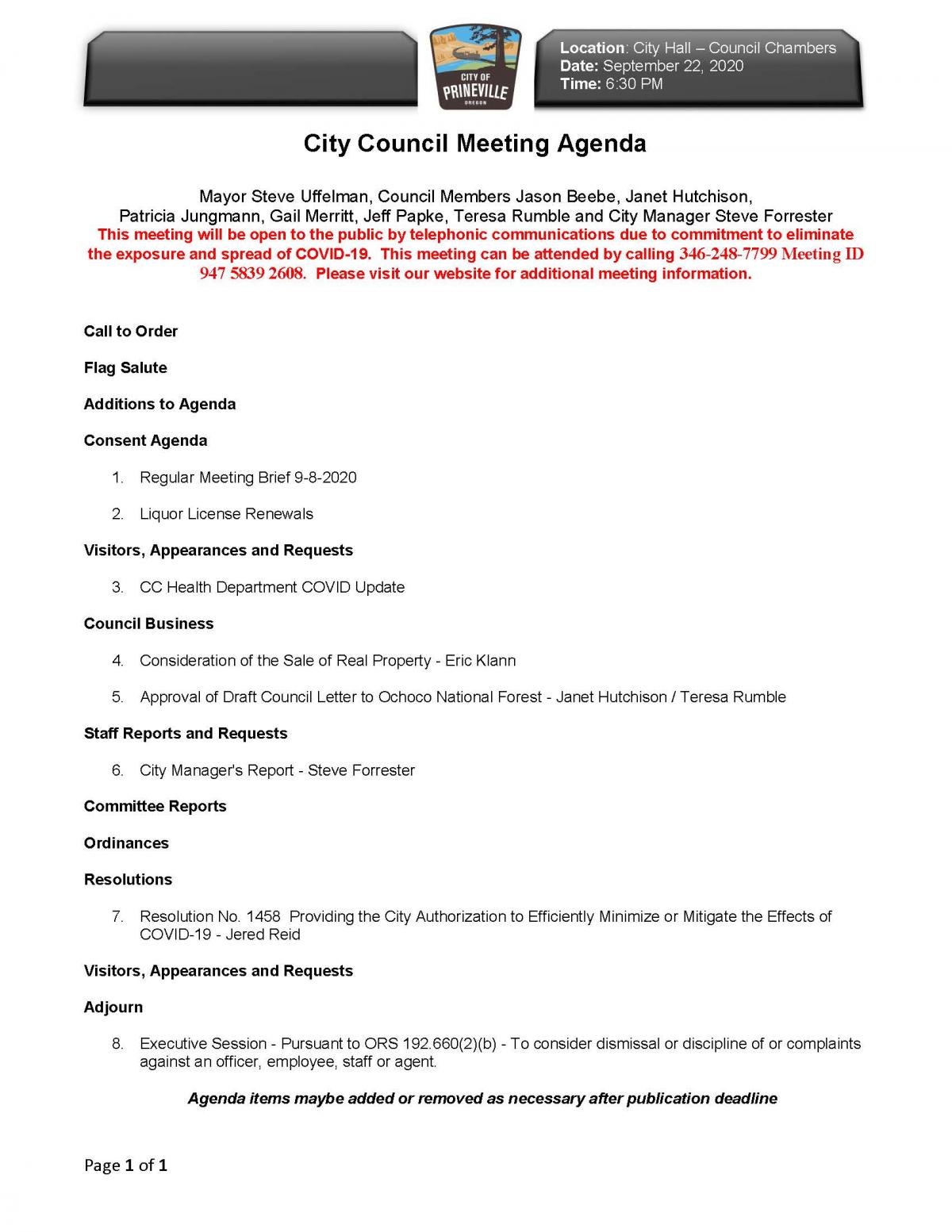 City Council Meeting City Of Prineville Oregon