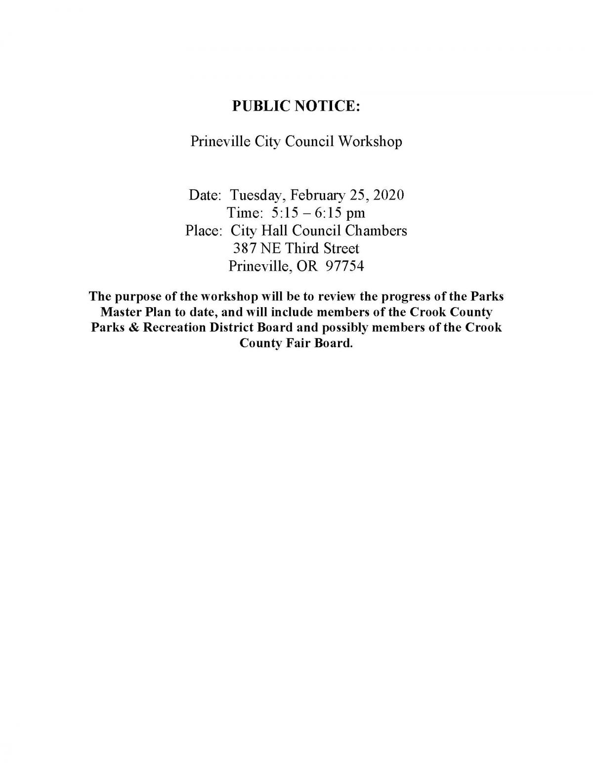 Public Notice - Council Workshop 2-25-2020