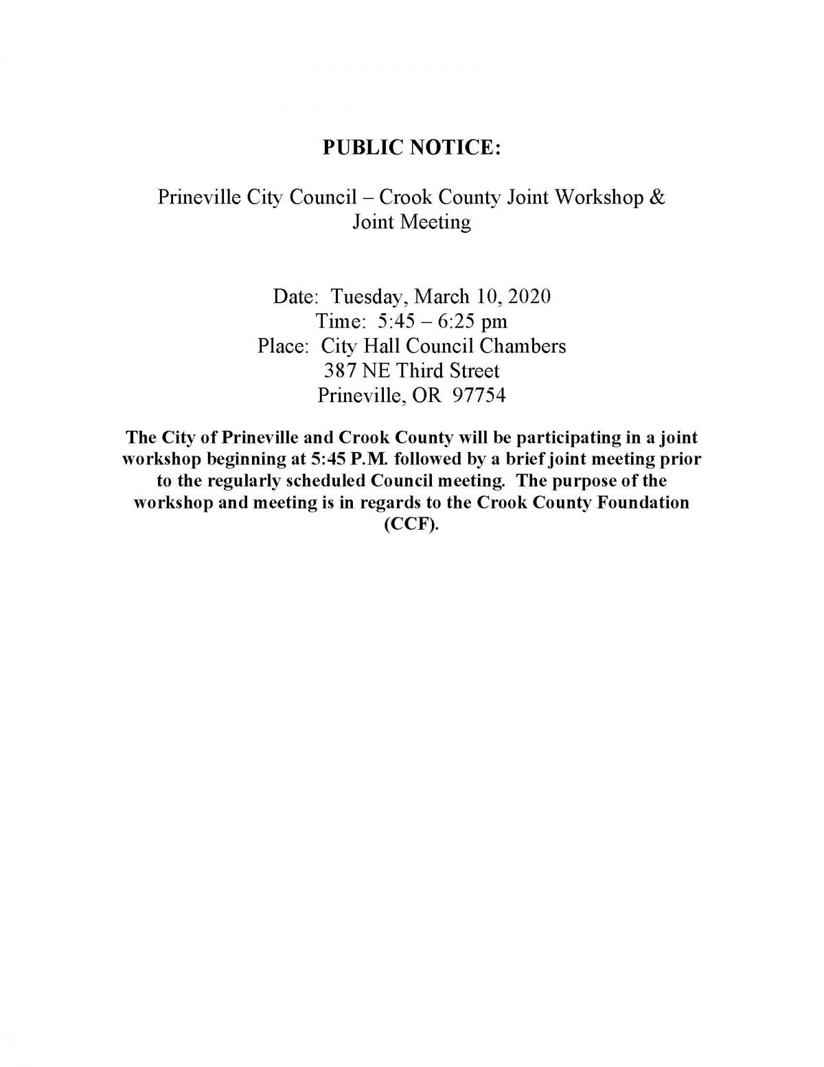 Public Notice - City / County Joint Workshop & Meeting 3-10-2020