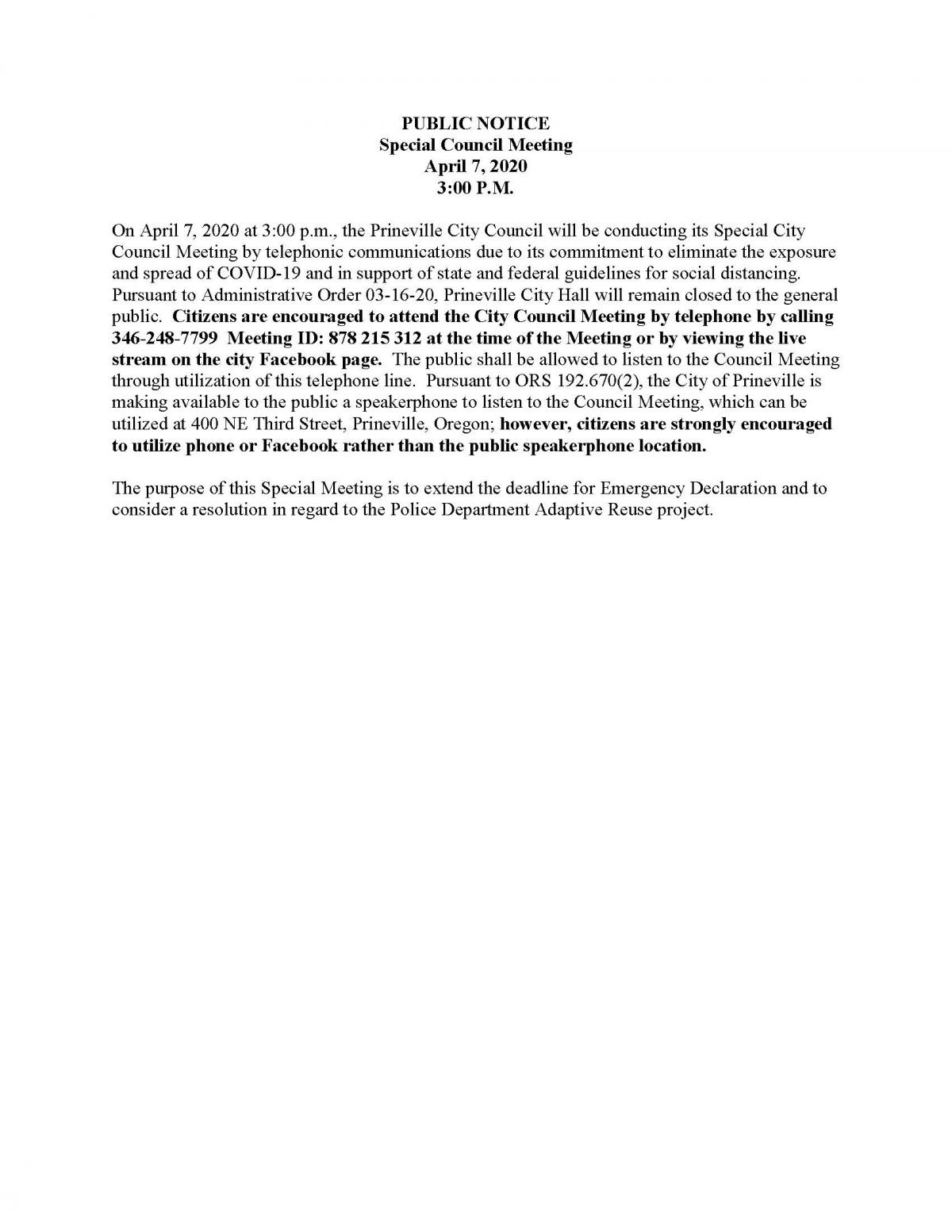 Public Notice - Special Council Meeting 4-7-2020