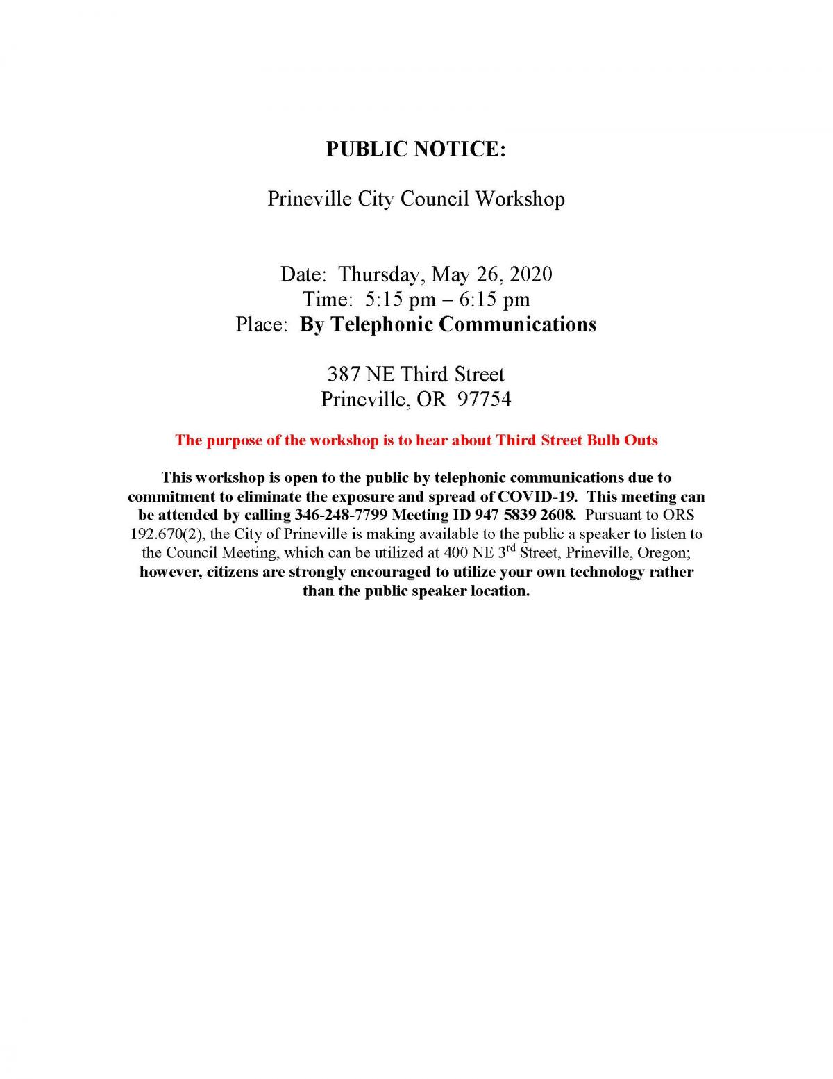 Public Notice - Council Workshop 5-26-2020