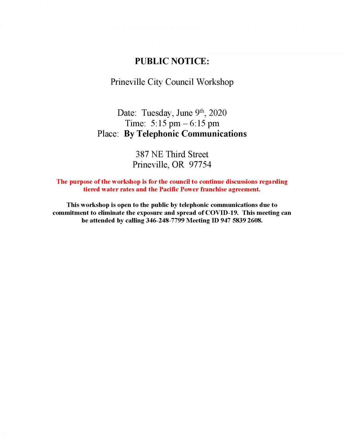 Public notice - Council Workshop 6-9-2020