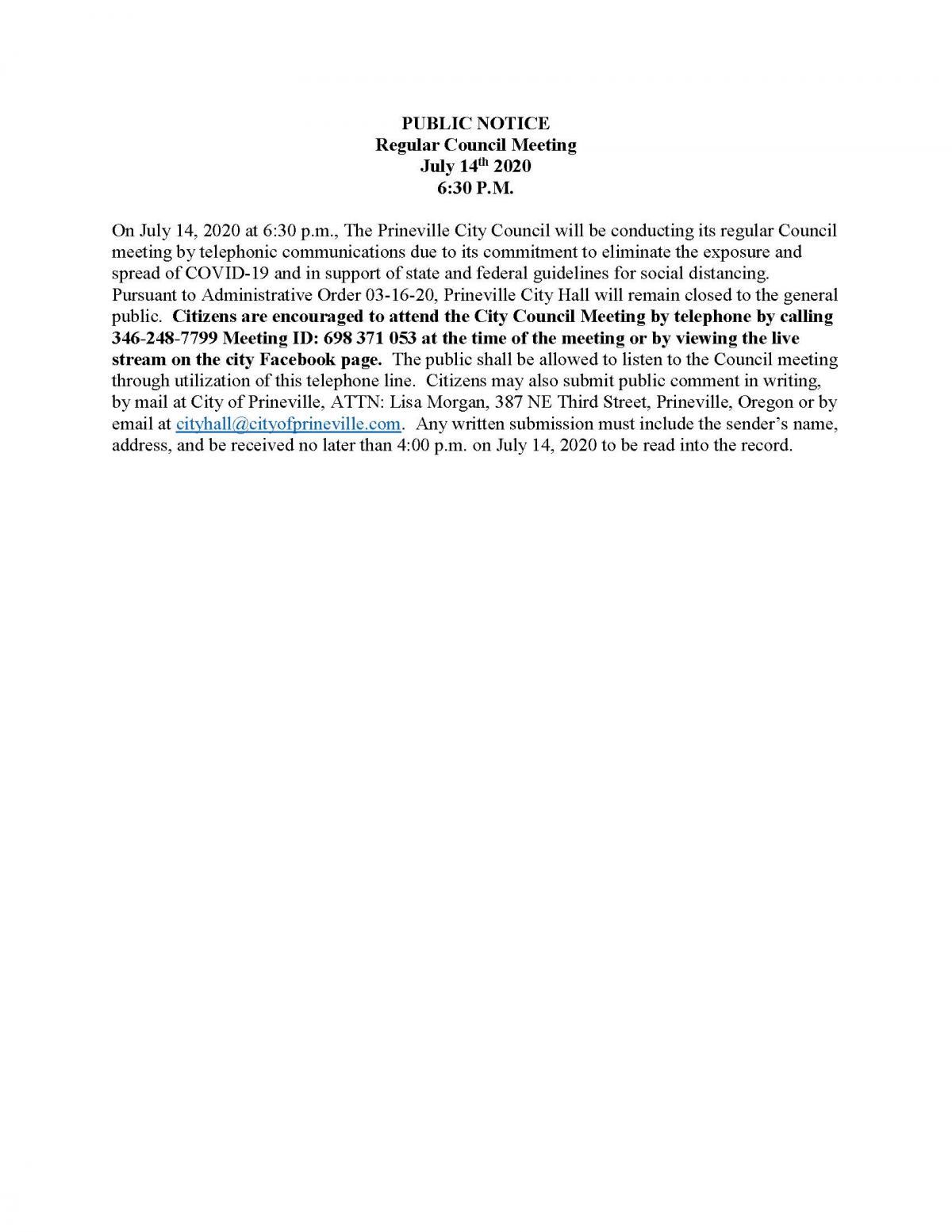 Regular Council Meeting Public Notice 7-14-2020