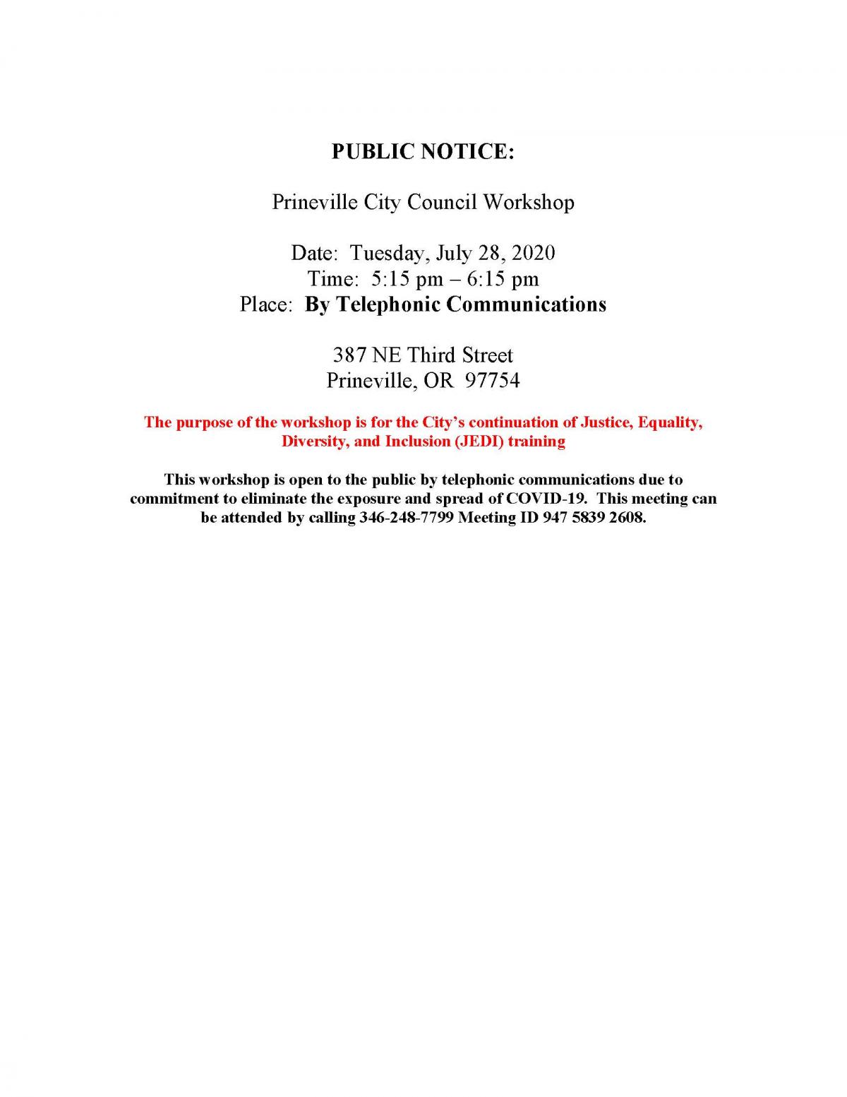 Public Notice - Council Workshop 7-28-2020