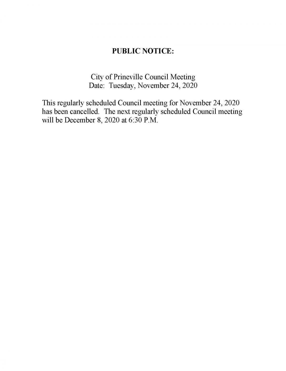 Public Notice - Regular Council Meeting 11-24-2020 Cancelled