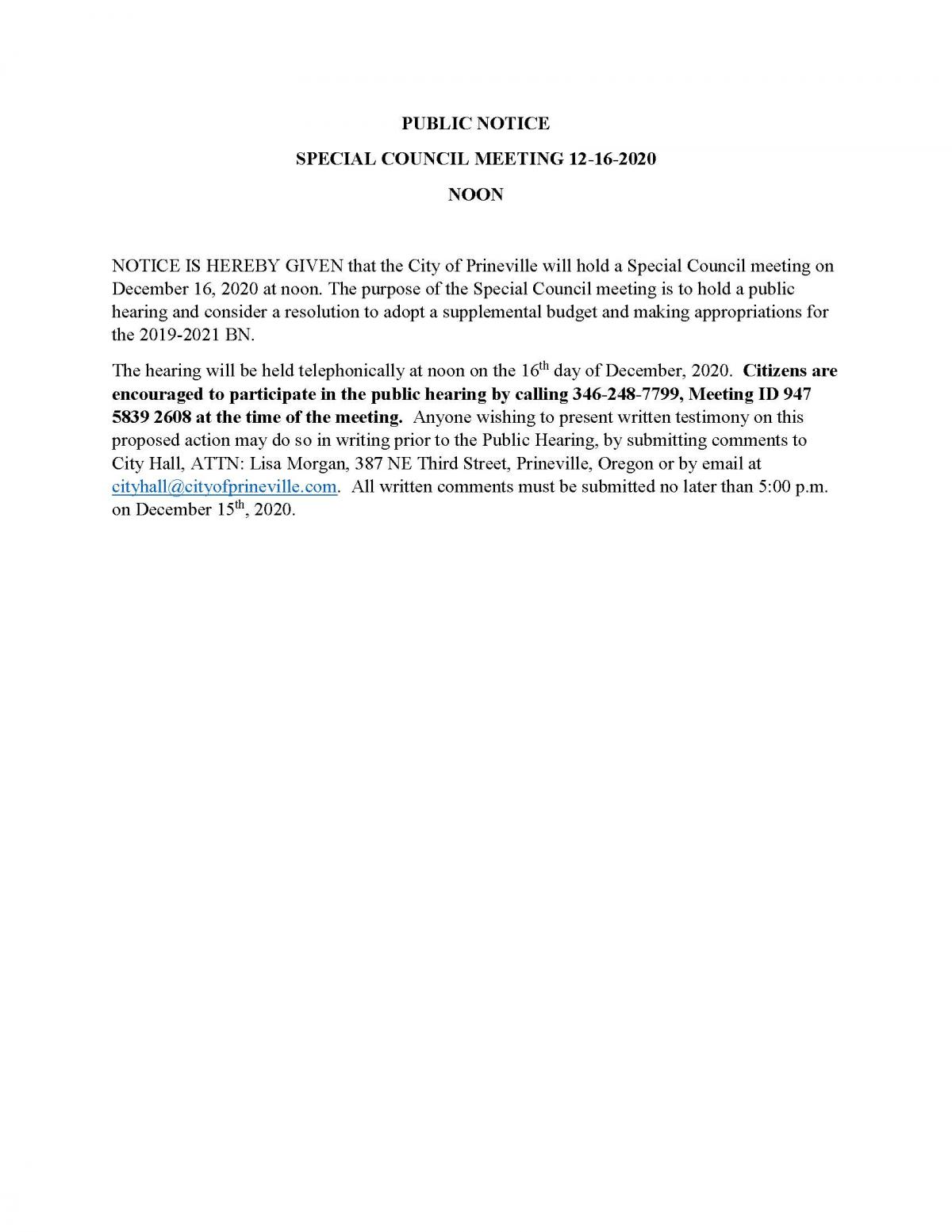 Public Notice - Special Council Meeting 12-16-2020