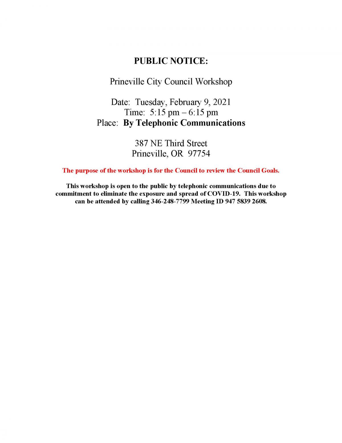 Public Notice - Council Workshop 2-9-2021