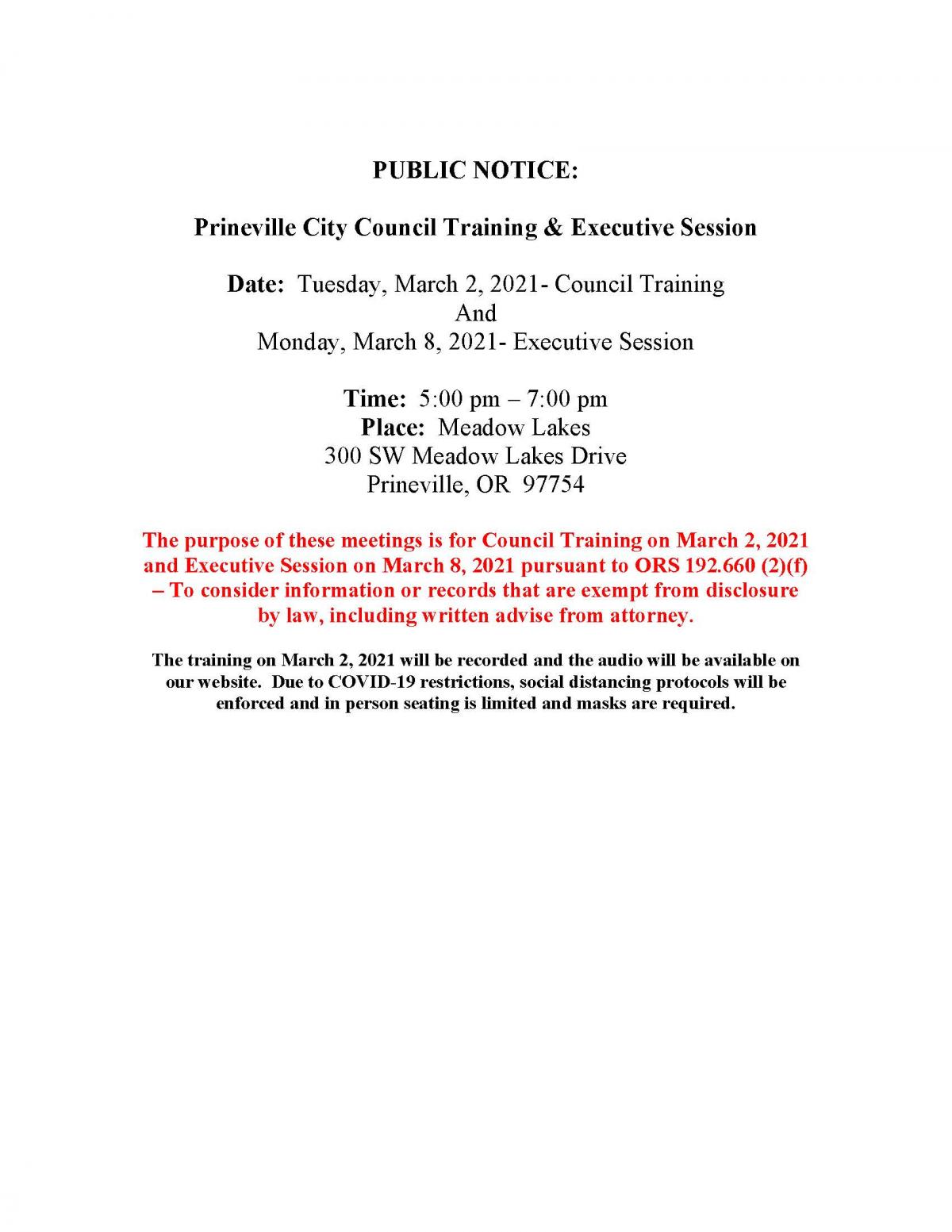 Public Notice - Council Training and Executive Session