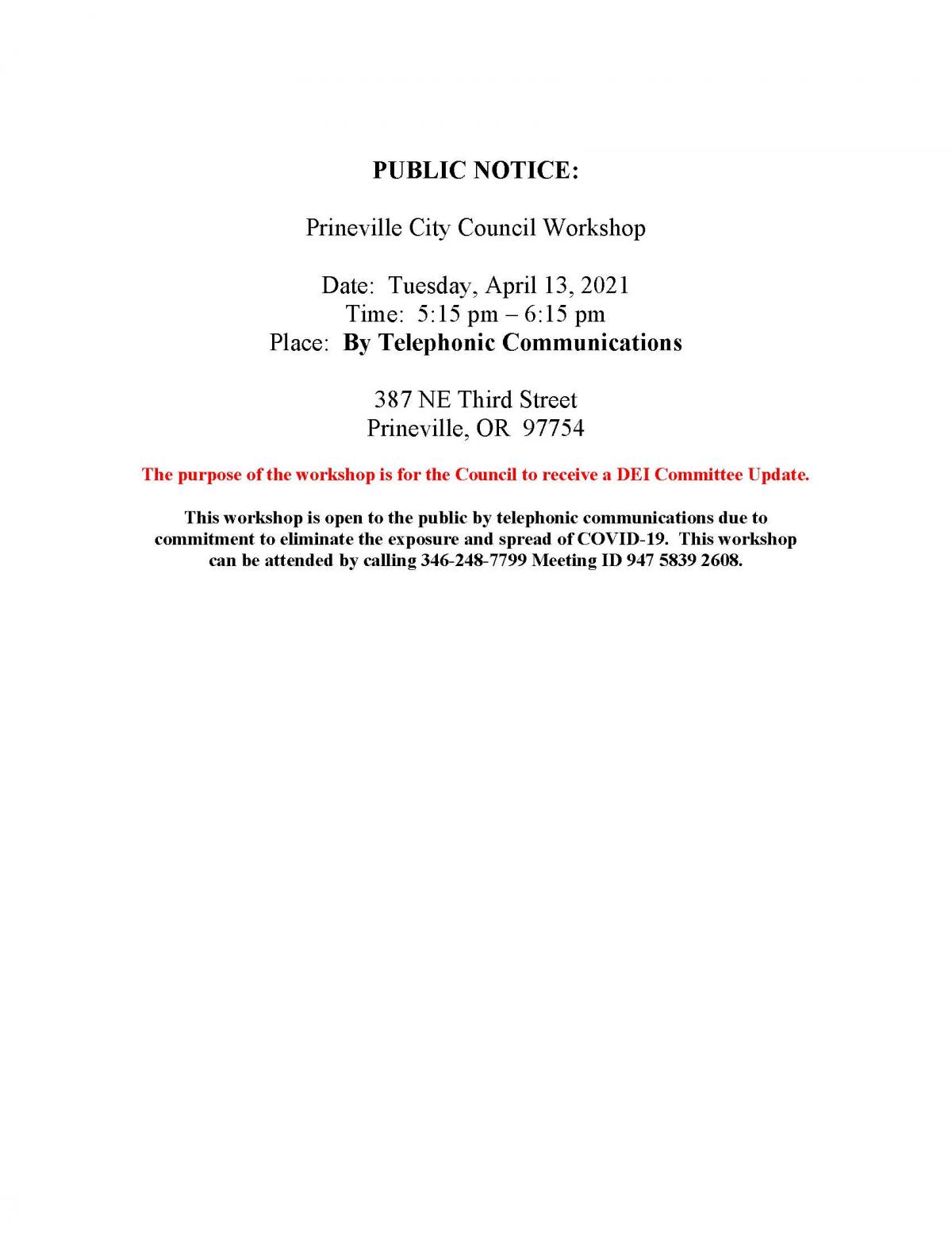 Public Notice - Council Workshop 4-13-2021
