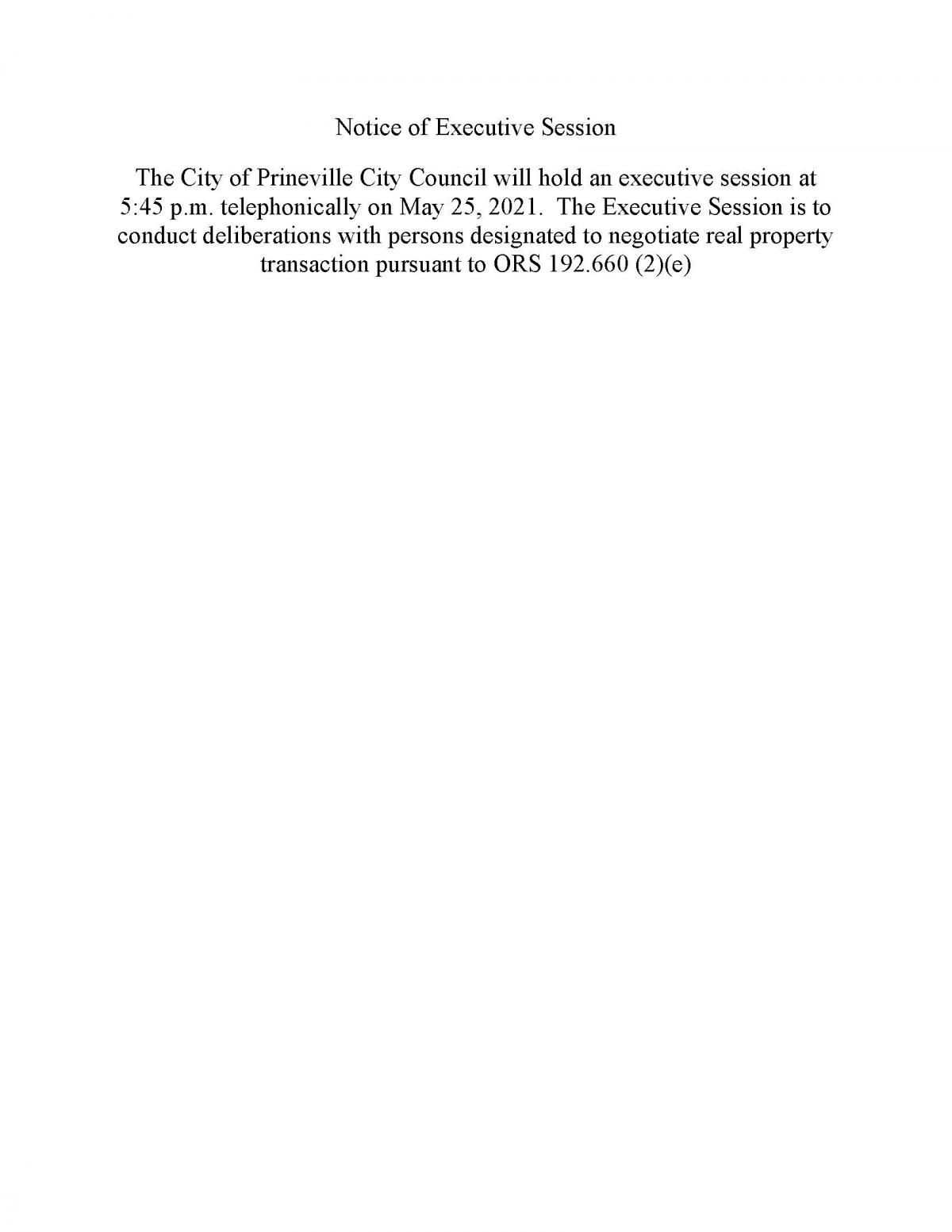Public Notice of Council Executive Session 5-25-2021