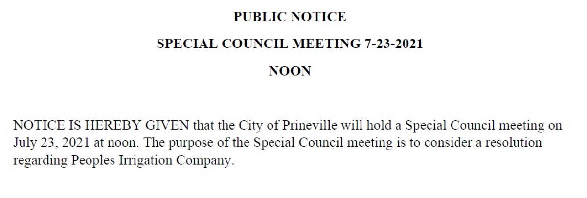 Public Notice - Special Council Meeting 7-23-2021