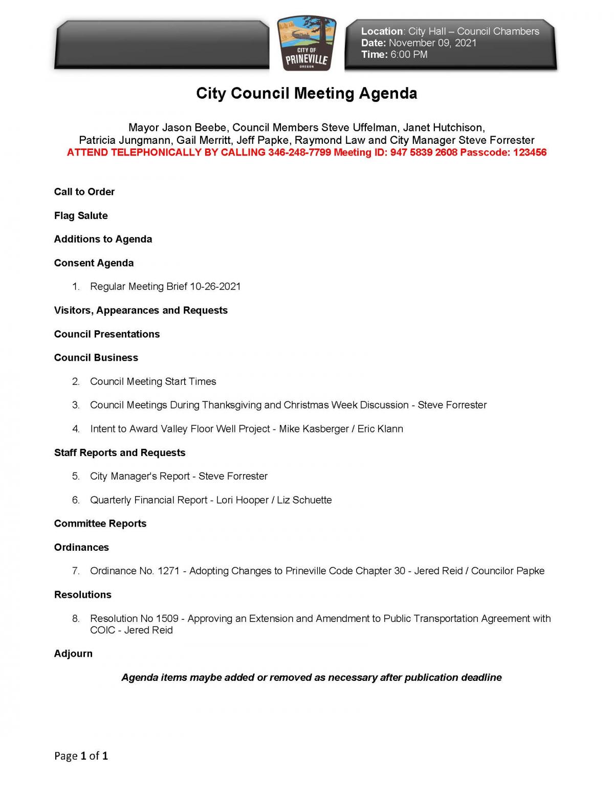 Council Agenda 11-9-2021