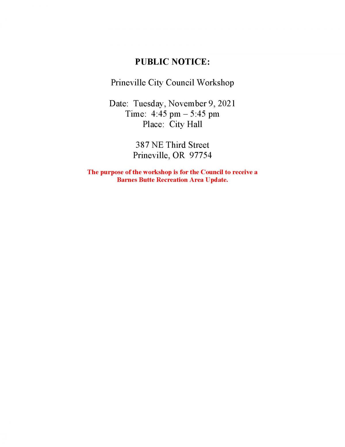 Public Notice - Council Workshop 11-9-2021