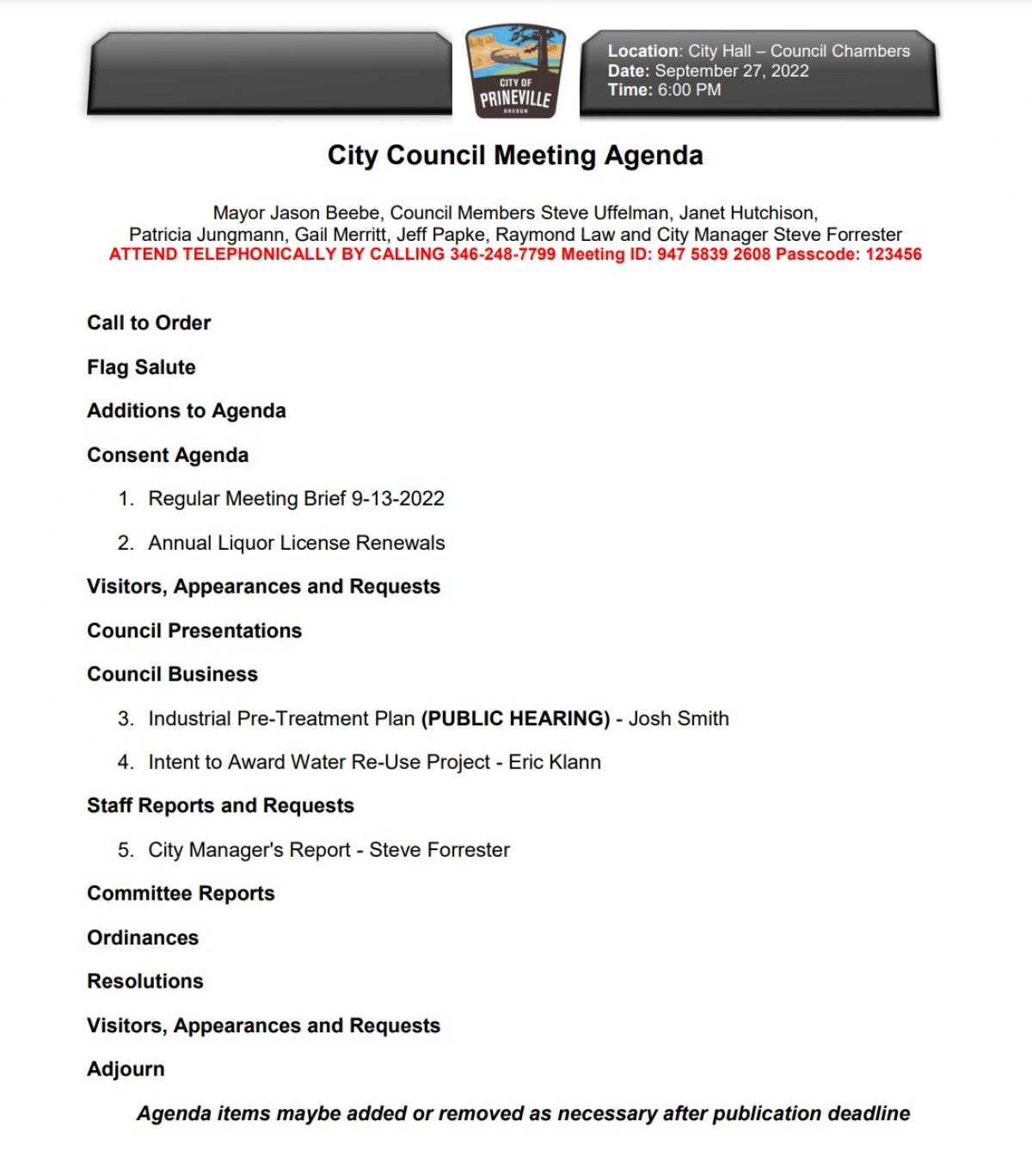 Council Agenda 9-27-2022