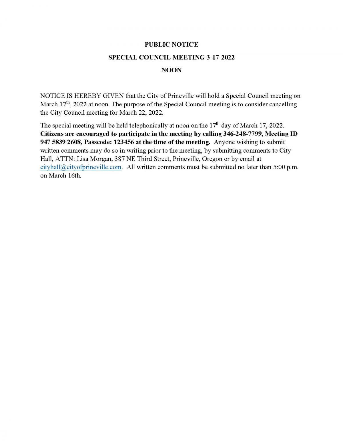 Public Notice - Special Council Meeting 3-17-2022