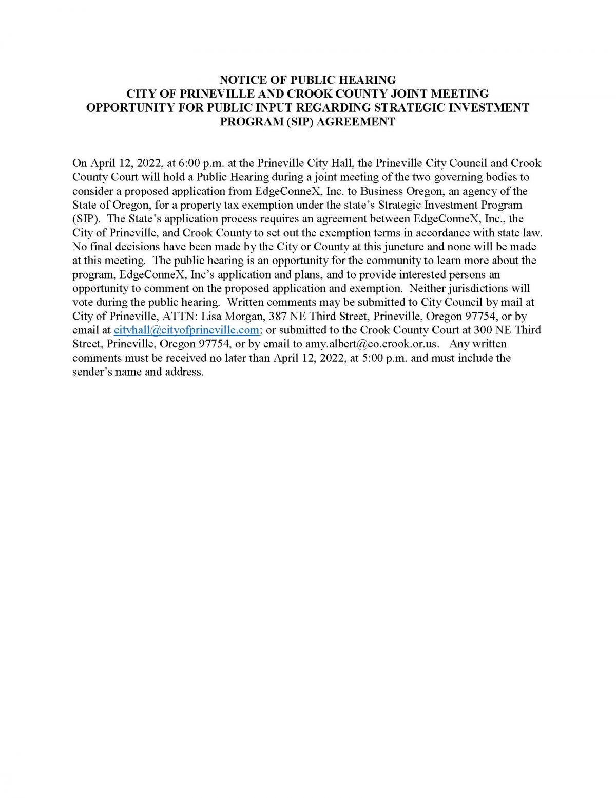 Public Notice - Joint City - County Public Hearing 4-12-2022