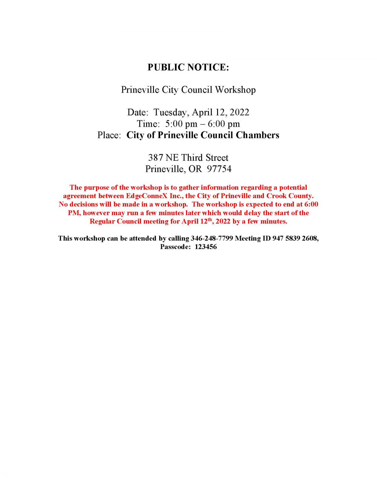 Public Notice - Council Workshop 4-12-2022