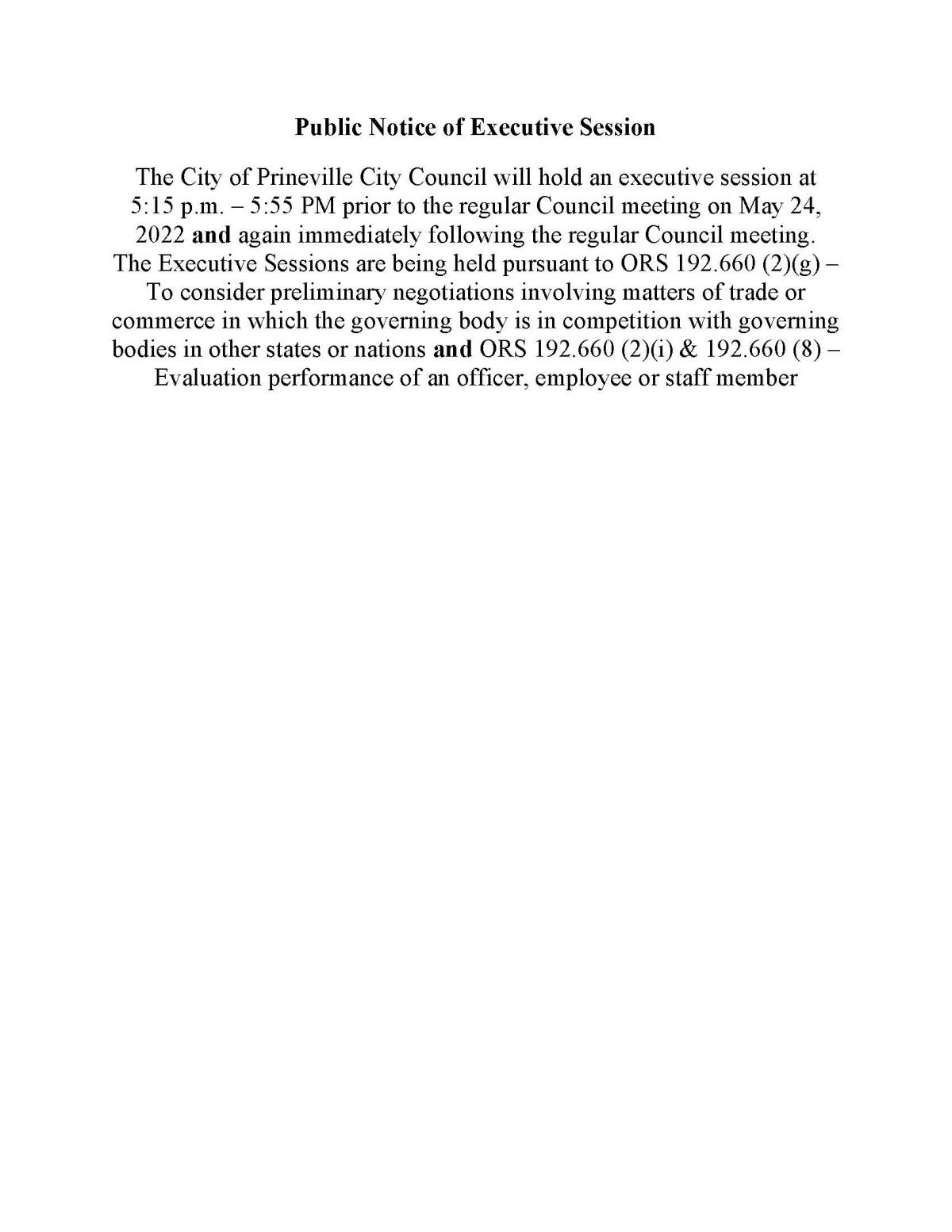Notice of Executive Session 5-24-2022