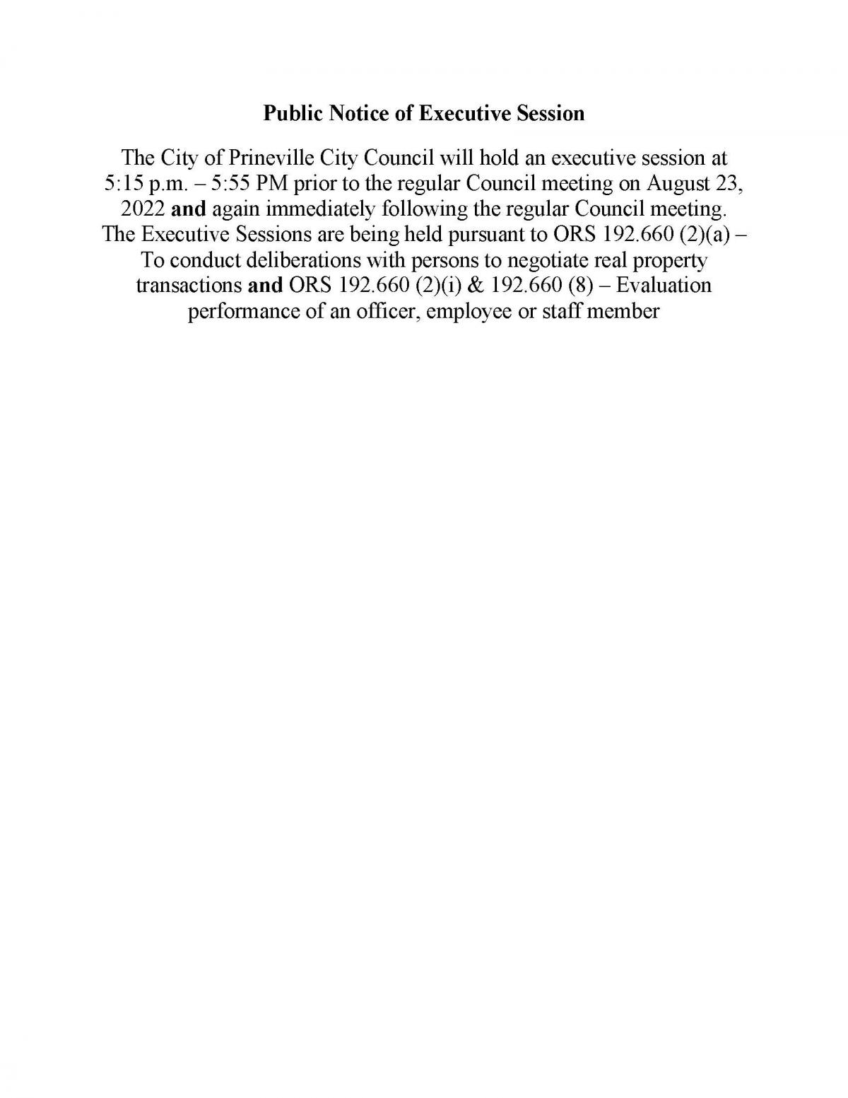 Public Notice of Executive Session 9-23-2022