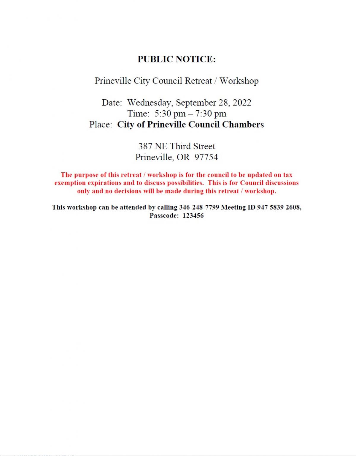 Public Notice - Council Retreat - Workshop 9-28-2022