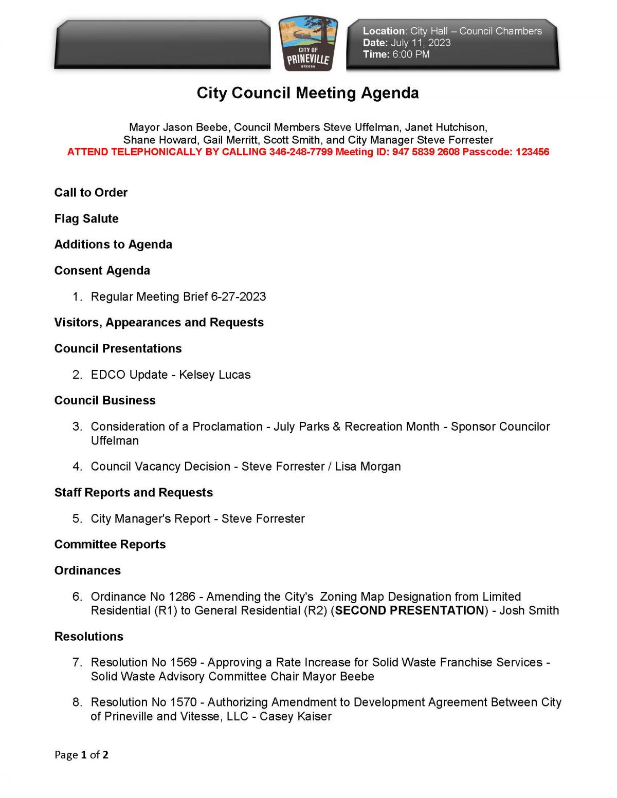 Page 1 of Council Agenda 7-11-2023