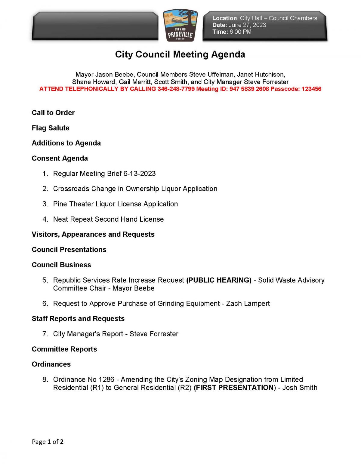 Page 1 of Council Agenda 6-27-2023