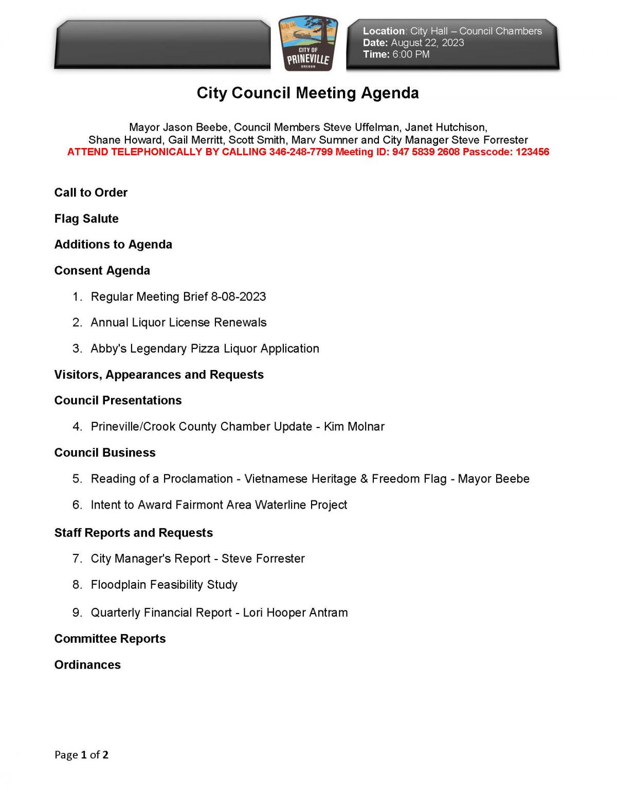 Council Agenda - Page 1 of 2