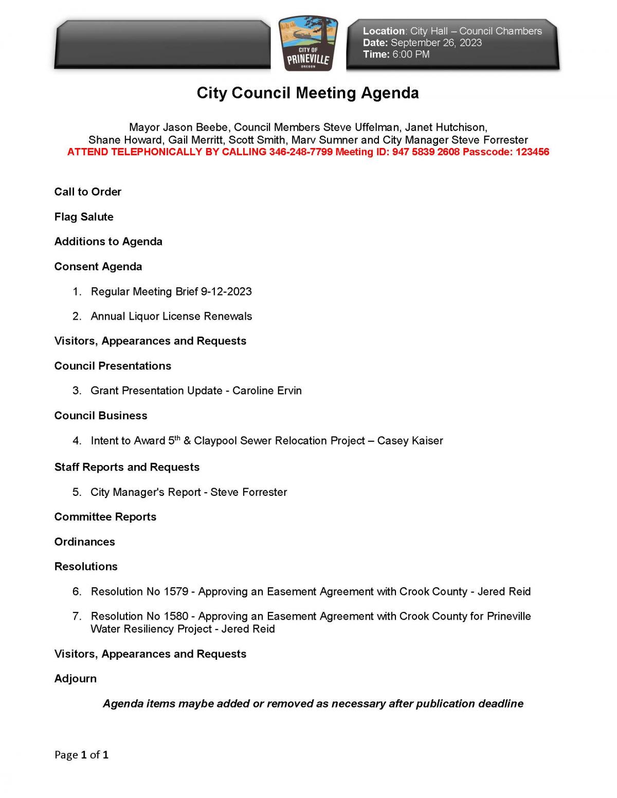 Council Agenda 9-26-2023