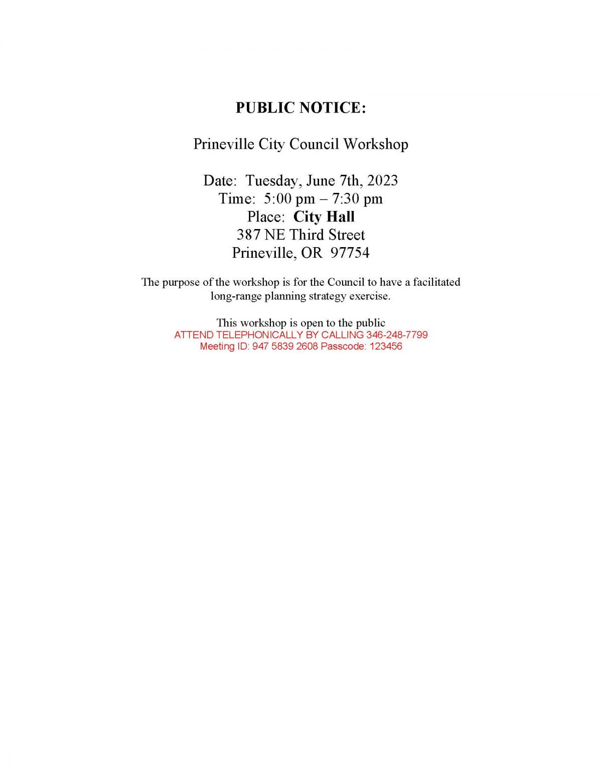 Public Notice - Council Workshop 6-7-2023