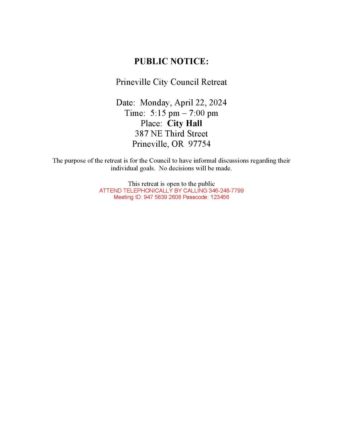 Public Notice - Council Retreat 4-22-2024