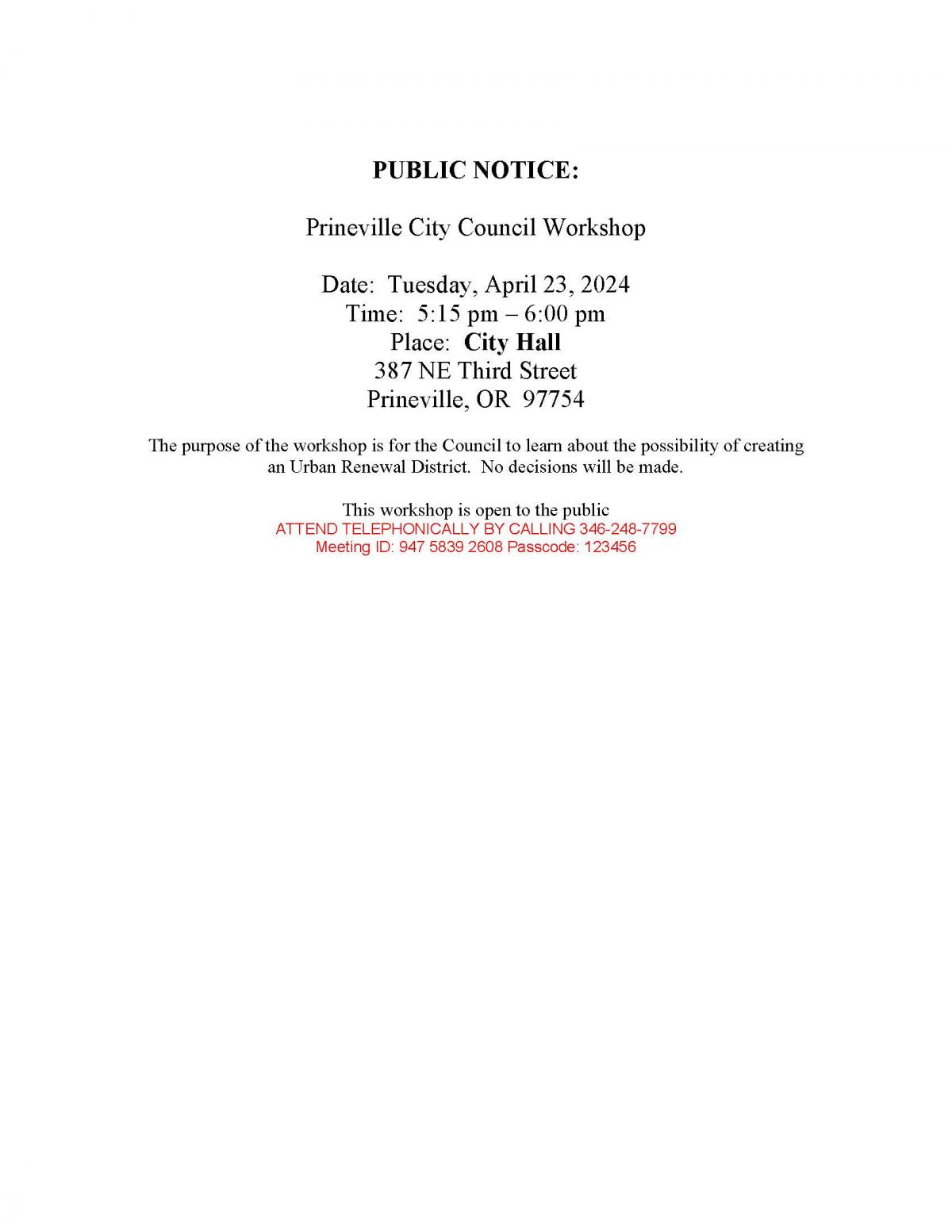 Public Notice - Council Workshop 4-23-2024