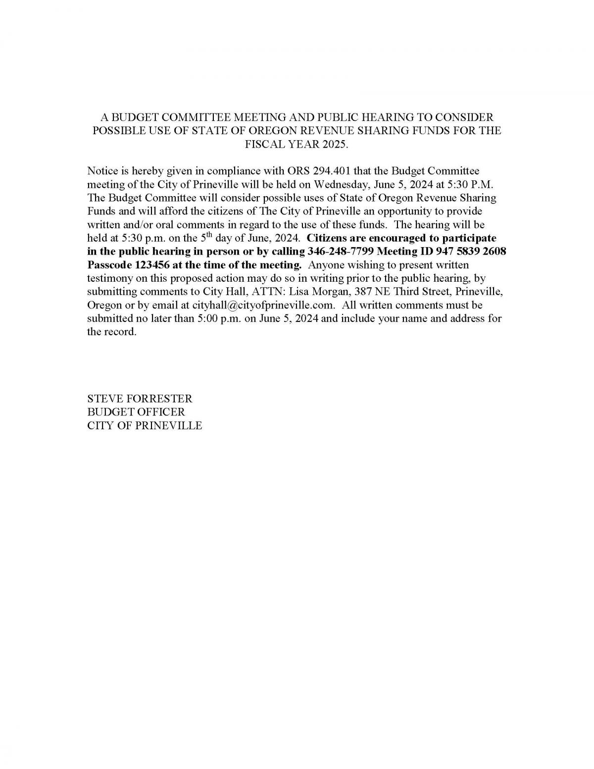 Public Notice - Public Hearing State Revenue Sharing