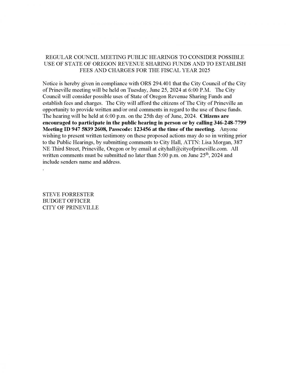 Public Notice - Public Hearing FY Revenue Sharing and FY 25 Fee Schedule