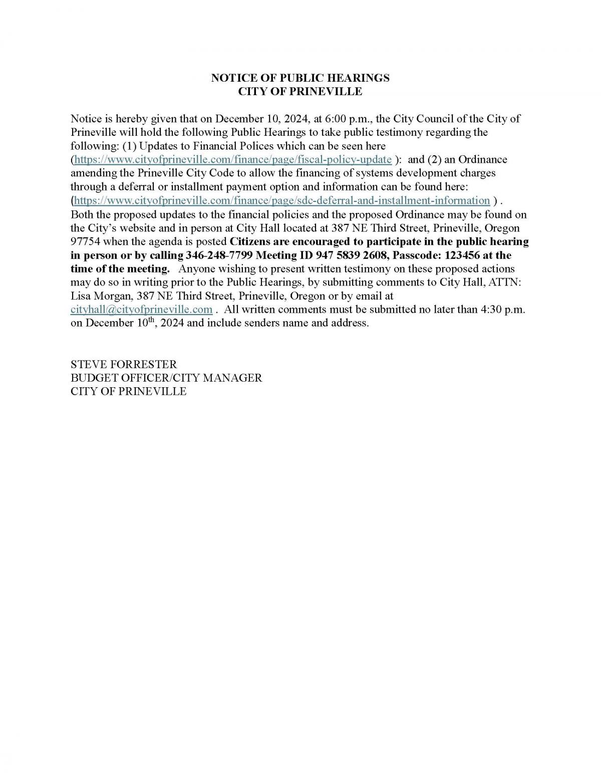 Public Hearings Notice with Supplemental Links