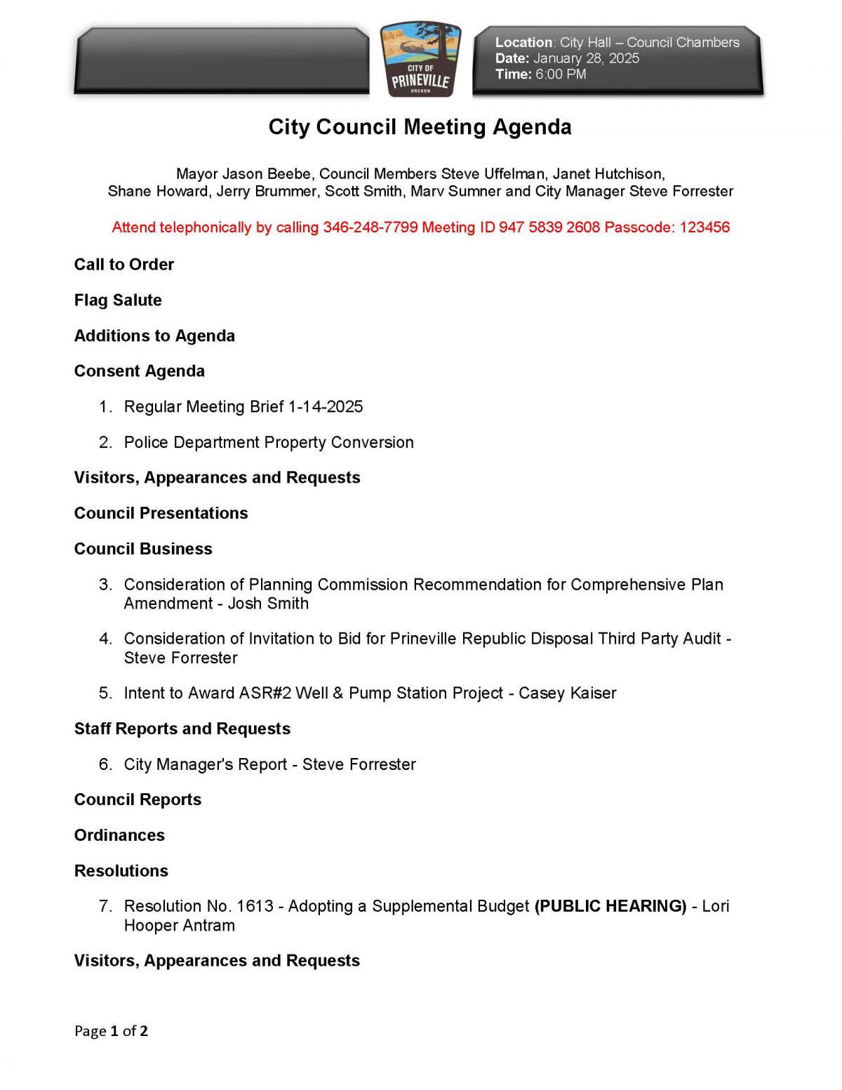 Council Agenda -page 1