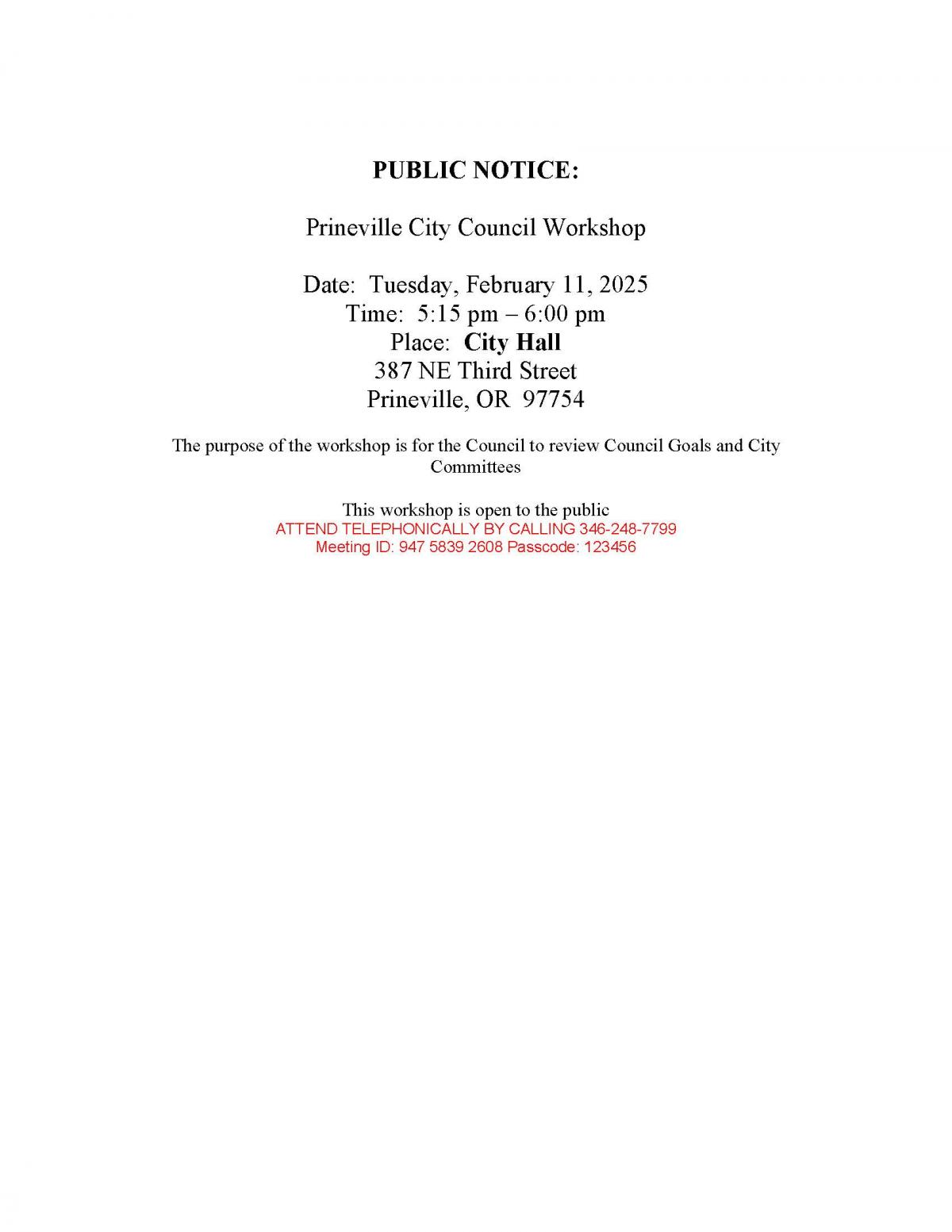 Public Notice - Council Workshop